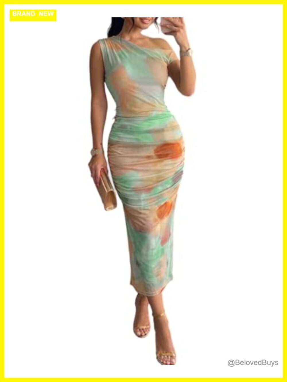 CHICME One Shoulder Mesh Ruched Bodycon Midi Cocktail Dress
